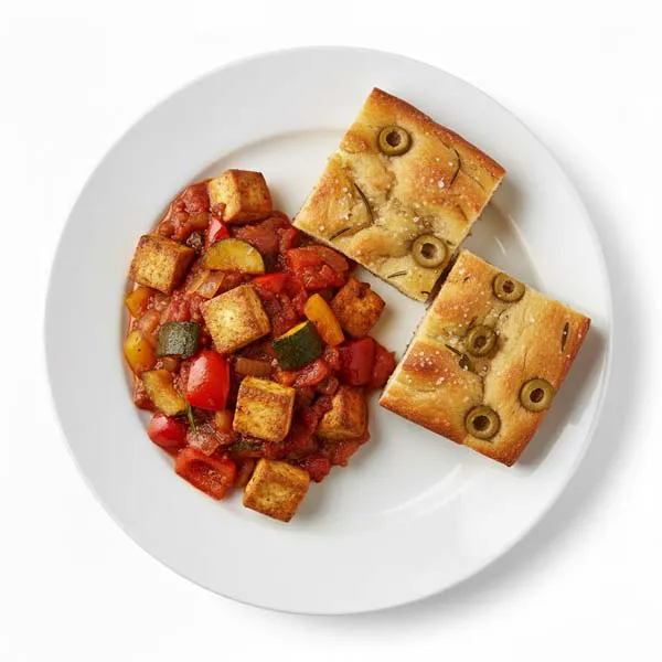 Tofu And Vegetable Samfaina With Olive Focaccia